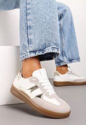 Biało-Złote Sneakersy Tenisówki na Kauczukowej Podeszwie Ondriama. Białe obuwie sportowe damskie Born2be, z kauczuku, bez zapięcia, tenisowe. Za 84.99 zł.