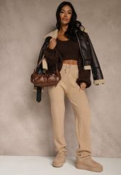 Ciemnobeżowe Spodnie z Wełną ze Sznurkiem i Ozdobnymi Kieszeniami Moneressa. Brązowe spodnie materiałowe damskie Renee, bez wzorów, z jeansu. Za 69.99 zł.