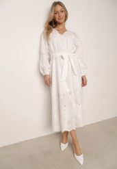 Biała Bawełniana Sukienka Boho z Paskiem Haftem i Ażurowymi Wstawkami Orilise. Białe sukienki damskie Born2be, w ażurowe wzory, z bawełny, biznesowe, bez ramiączek. Za 309.99 zł.