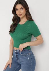 Zielony Krótki T-shirt z Prążkowanej Dzianiny Clutia. Zielone t-shirty damskie Born2be, l, bez wzorów, z dzianiny, bez kołnierzyka. Za 54.99 zł.