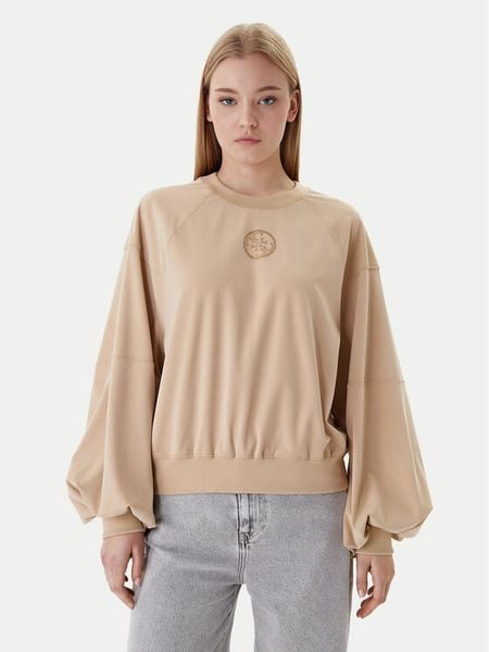 Guess Bluza W6RQ13 KD332 Beżowy Regular Fit. Brązowe bluzy damskie Guess, s, z aplikacjami, z wiskozy, bez kaptura. Za 242.99 zł.
