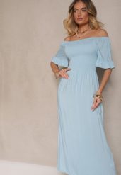 Jasnoniebieska Rozkloszowana Sukienka Hiszpanka z Bawełny z Elastyczną Górą Maissa. Niebieskie sukienki damskie Renee, bez wzorów, z bawełny, eleganckie, bez ramiączek. W wyprzedaży za 43.99 zł.