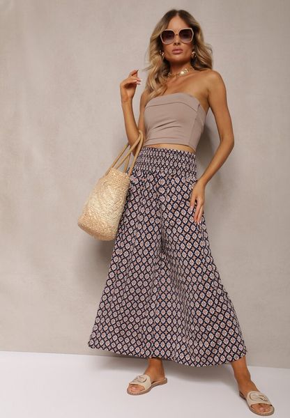 Granatowo-Beżowe Szerokie Spodnie Kuloty z Gumką w Pasie Zaphelia. Niebieskie spodnie materiałowe damskie Renee, bez wzorów, z jeansu. Za 39.99 zł.