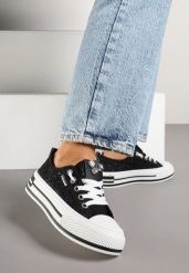 Czarne Koronkowe Trampki na Grubej Podeszwie z Cyrkoniami Nusiletia. Czarne trampki damskie Born2be, bez wzorów, z jeansu, bez zapięcia. Za 89.99 zł.