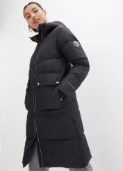 Hydrofobowy płaszcz puchowy z odblaskowymi elementami. Czarne płaszcze damskie bonprix, bez wzorów, z materiału, bez kaptura. Za 499.99 zł.