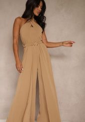 Ciemnobeżowy Kombinezon Koktajlowy Ozdobiony Paskiem z Metaliczną Klamrą Zermira. Brązowe sukienki damskie Renee, bez wzorów, eleganckie, bez ramiączek. Za 179.99 zł.