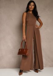 Brązowy Taliowany Kombinezon Ozdobiony Zakładkami Berinola. Brązowe sukienki damskie Renee, bez wzorów, eleganckie, bez ramiączek. Za 149.99 zł.