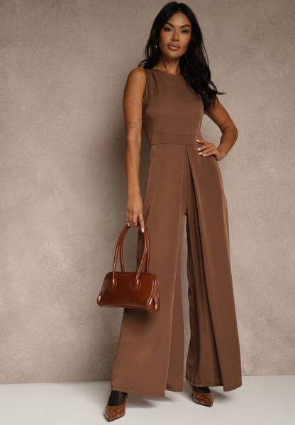 Brązowy Taliowany Kombinezon Ozdobiony Zakładkami Berinola. Brązowe sukienki damskie Renee, bez wzorów, eleganckie, bez ramiączek. Za 149.99 zł.