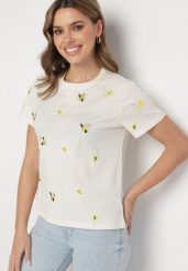 Beżowy T-shirt z Bawełny Ozdobiony Haftem Hiraviel. Brązowe t-shirty damskie Born2be, m, bez wzorów, z bawełny, bez kołnierzyka. Za 84.99 zł.