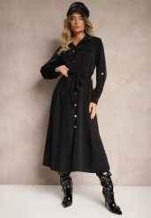 Czarna Sukienka o Koszulowym Kroju z Rękawami z Możliwością Podpięcia i Wiązanym Paskiem Ivalorae. Czarne sukienki damskie Renee, bez wzorów, eleganckie, bez ramiączek. W wyprzedaży za 83.99 zł.