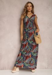 Granatowo-Pomarańczowa Sukienka Phaedrina. Niebieskie sukienki damskie Renee, bez wzorów, z tkaniny, boho, bez ramiączek. W wyprzedaży za 63.99 zł.