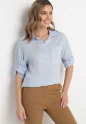 Jasnoniebieska Koszula z Lnem i Kieszonką o Kroju Oversize Lianipa. Niebieskie koszule damskie Born2be, m, bez wzorów, z bawełny, eleganckie, bez kołnierzyka, bez ramiączek. Za 59.99 zł.