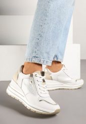 Białe Metaliczne Sneakersy ze Skóry Naturalnej na Koturnie z Ozdobnym Suwakiem Tarivone. Białe obuwie sportowe damskie Renee, z jeansu, bez zapięcia. Za 199.99 zł.