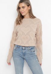 Beżowy Sweter w Serca o Klasycznym Fasonie ze Ściągaczami Biriet. Brązowe swetry klasyczne damskie Born2be, m, z bawełny, bez kołnierzyka. Za 89.99 zł.