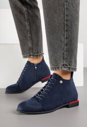 Granatowe Botki Typu Trzewiki Vices Implie. Niebieskie botki damskie Born2be, z jeansu, eleganckie, bez obcasa, na płaskiej podeszwie, bez zapięcia. Za 109.99 zł.