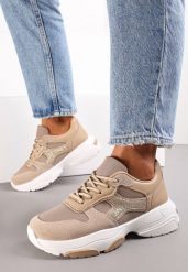 Ciemnobeżowe Sneakersy na Grubej Podeszwie z Brokatowymi Wstawkami Adilah. Brązowe obuwie sportowe damskie Renee, bez zapięcia. Za 99.99 zł.