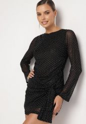 Czarna Dopasowana Sukienka z Przezroczystego Materiału z Paskiem Tifista. Czarne sukienki damskie Born2be, bez wzorów, z materiału, eleganckie, bez ramiączek. Za 129.99 zł.