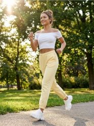 Spodnie jogger z dzianiny terry - żółty. Żółte spodnie sportowe damskie Sinsay, l, bez wzorów, z dzianiny. Za 29.99 zł.