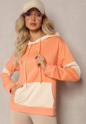 Pomarańczowa Oversizowa Bluza Typu Kangurka z Szeroką Kieszenią i Kapturem Iretha. Brązowe bluzy damskie Renee, l, bez wzorów, z kapturem. Za 44.99 zł.