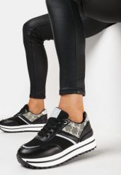 Czarne Sneakersy na Grubej Podeszwie z Brokatem i Materiałowymi Wstawkami Dinrila. Czarne obuwie sportowe damskie Born2be, z materiału, bez zapięcia. Za 109.99 zł.