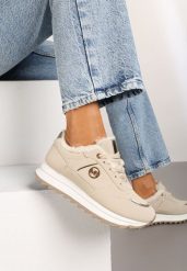 Beżowe Sneakersy na Płaskiej Podeszwie z Metaliczną Ozdobą i Ociepleniem Solirra. Brązowe obuwie sportowe damskie Renee, z jeansu, bez zapięcia. Za 109.99 zł.
