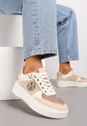 Beżowe Sneakersy z Metalicznymi Wstawkami i Brokatem na Grubej Podeszwie Xaneta. Brązowe obuwie sportowe damskie Renee, bez zapięcia. Za 79.99 zł.