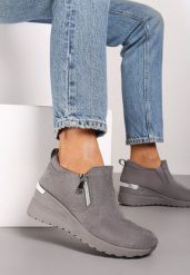 Szare Sneakersy na Koturnie z Ozdobnym Suwakiem z Boku Daivira. Szare obuwie sportowe damskie Renee, z jeansu, bez zapięcia. Za 99.99 zł.