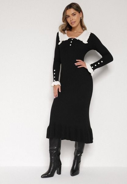 Czarna Dzianinowa Sukienka Retro z Wiskozą z Kołnierzykiem i Falbanami Hanlira. Czarne sukienki damskie Born2be, bez wzorów, z dzianiny, eleganckie, bez ramiączek. Za 139.99 zł.