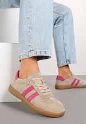 Beżowo-Różowe Płaskie Sneakersy z Wkładką ze Skóry Naturalnej Ozdobione Paskami Neladria. Brązowe obuwie sportowe damskie Renee, na lato, z jeansu, bez zapięcia, tenisowe. Za 169.99 zł.