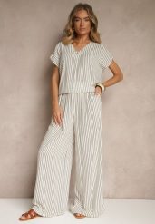 Biało-Niebieskie Szerokie Spodnie High Waist w Paski z Bawełny Silorea. Białe spodnie materiałowe damskie Renee, bez wzorów, z bawełny. Za 69.99 zł.