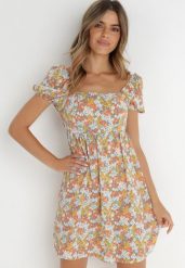 Beżowo-Pomarańczowa Sukienka Konmey. Brązowe sukienki damskie Born2be, bez wzorów, retro, bez ramiączek. Za 129.99 zł.