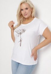 Biały Bawełniany T-shirt z Kwiatowym Wzorem i Cyrkoniami Rohna. Białe t-shirty damskie Born2be, uniwersalny, z aplikacjami, z bawełny, bez kołnierzyka. Za 34.99 zł.