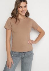 Brązowy Klasyczny T-shirt z Bawełny Lorali. Brązowe t-shirty damskie Born2be, m, bez wzorów, z bawełny, bez kołnierzyka. Za 29.99 zł.