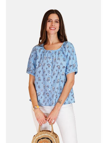 ASSUILI Bluzka w kolorze błękitnym rozmiar: 38. Niebieskie bluzki damskie Assuili, bez wzorów, z bawełny, klasyczne, bez kołnierzyka, bez ramiączek. Za 123.53 zł.