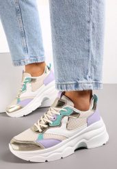 Beżowo-Złote Sneakersy na Grubej Podeszwie ze Wstawkami z Perforacją Lanya. Brązowe obuwie sportowe damskie Renee, bez zapięcia. Za 69.99 zł.