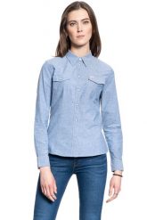 DAMSKA KOSZULA MATERIAŁOWA LEE SLIM WESTERN SHIRT SUMMER BLUE L45RHONJ 112110416. Niebieskie koszule damskie Lee, l, bez wzorów, z materiału, bez kołnierzyka, bez ramiączek. Za 129.99 zł.