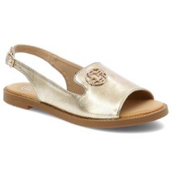 Sandały damskie Filippo, z eko skóry z ozdobą na płaskim obcasie na sprzączkę, złote, DS3666-25-GO. Żółte sandały damskie Filippo, z aplikacjami, ze skóry, bez obcasa, na płaskiej podeszwie, bez zapięcia. Za 99.99 zł.