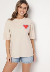 Beżowy Bawełniany T-shirt z Motywem Serca Liorlie. Brązowe t-shirty damskie Born2be, bez wzorów, z bawełny, bez kołnierzyka. Za 74.99 zł.