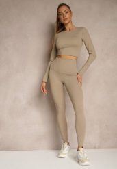Beżowy Komplet Sportowy Legginsy i Top Typu Longsleeve Dorotia. Brązowe legginsy damskie Renee, m, bez wzorów. Za 109.99 zł.