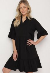 Czarna Sukienka Rozkloszowana z Wiskozą Ozdobiona Falbanami Eviriane. Czarne sukienki damskie Born2be, bez wzorów, z wiskozy, bez ramiączek. Za 99.99 zł.