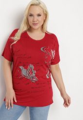 Bordowy T-shirt Ozdobiony Cyrkoniami i Nadrukiem Wallilena. Czerwone t-shirty damskie Born2be, xl, bez wzorów, bez kołnierzyka. Za 39.99 zł.