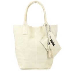 Worek skórzany VERA PELLE ecru L82. Szare torebki klasyczne damskie z materiału, zamszowe, bez dodatków. Za 149.90 zł.