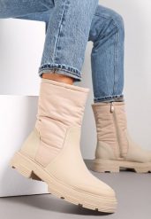 Beżowe Botki Sztyblety z Pikowaną Cholewką Fote. Brązowe botki damskie Renee, z jeansu, eleganckie, bez obcasa, na płaskiej podeszwie, bez zapięcia. Za 159.99 zł.