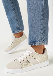 Beżowo-Złote Sneakersy z Nadrukiem Mindi. Brązowe obuwie sportowe casual damskie Born2be, bez zapięcia. Za 79.99 zł.