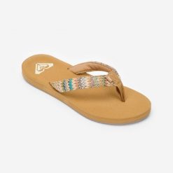 Japonki damskie Roxy Porto Raffia. Brązowe klapki damskie Roxy, bez wzorów, z bawełny, bez obcasa, bez zapięcia. Za 129.95 zł.