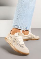 Ciemnobeżowe Sneakersy Tenisówki z Geometrycznym Motywem Amotheira. Brązowe obuwie sportowe damskie Renee, z jeansu, bez zapięcia, tenisowe. Za 74.99 zł.