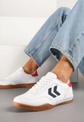 Biało-Czerwone Sneakersy Typu Kultowe Tenisówki Zdobione Przeszyciami Mepenna. Białe obuwie sportowe damskie Renee, z aplikacjami, z jeansu, bez zapięcia. Za 79.99 zł.