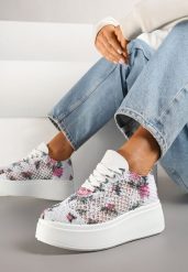 Białe Ażurowe Sneakersy Vices na Platformie w Kwiaty Halvisa. Białe obuwie sportowe damskie Renee, z jeansu, bez zapięcia. Za 89.99 zł.