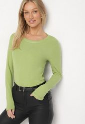 Zielona Bluzka Typu Longsleeve z Okrągłym Dekoltem Unelessa. Zielone bluzki damskie Born2be, l, bez wzorów, z jeansu, eleganckie, bez kołnierzyka, bez ramiączek. Za 49.99 zł.