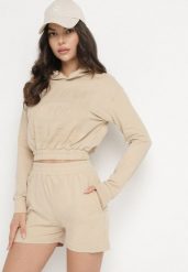 Beżowy Bawełniany Komplet Sportowy Bluza z Kapturem i Szorty Izilia. Brązowe bluzy damskie Born2be, bez wzorów, z bawełny, z kapturem. Za 99.99 zł.